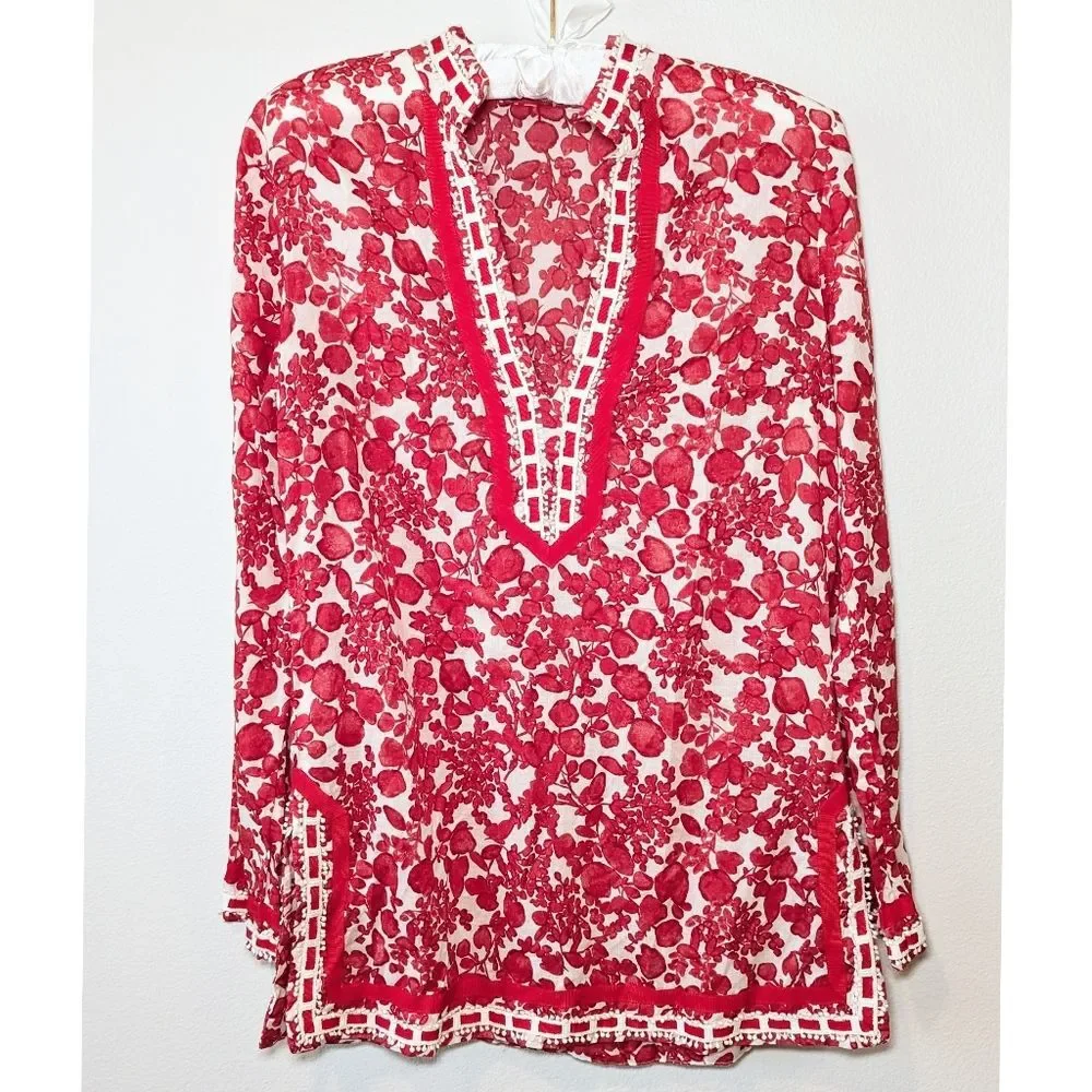 Tory Burch Red Floral Crochet Ribbon Details Blouse
